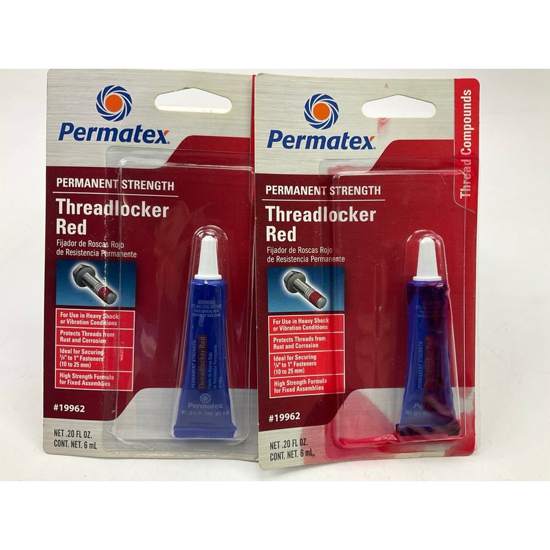 (2) Permatex 19962 Permanent Strength Threadlocker RED, 6 Ml Tubes Thread Lock